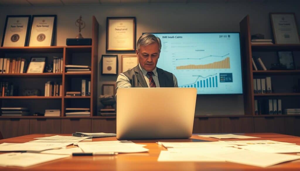 A professional insurance adjuster stands in an office setting, meticulously reviewing documents and claims files. The foreground features papers scattered on a polished wooden desk, with a modern laptop illuminated by soft overhead lighting. In the middle ground, the adjuster, a middle-aged person in business attire, is focused intently on a large screen displaying graphs and loss calculations, symbolizing the analysis of insurance claims. The background showcases shelves filled with insurance-related books and framed certifications, adding to the atmosphere of a serious work environment. The lighting is warm and inviting, casting a professional glow over the scene, creating a mood of diligence and scrutiny, emphasizing the theme of underpaid claims in insurance processes. A professional insurance adjuster stands in an office setting, meticulously reviewing documents and claims files. The foreground features papers scattered on a polished wooden desk, with a modern laptop illuminated by soft overhead lighting. In the middle ground, the adjuster, a middle-aged person in business attire, is focused intently on a large screen displaying graphs and loss calculations, symbolizing the analysis of insurance claims. The background showcases shelves filled with insurance-related books and framed certifications, adding to the atmosphere of a serious work environment. The lighting is warm and inviting, casting a professional glow over the scene, creating a mood of diligence and scrutiny, emphasizing the theme of underpaid claims in insurance processes.