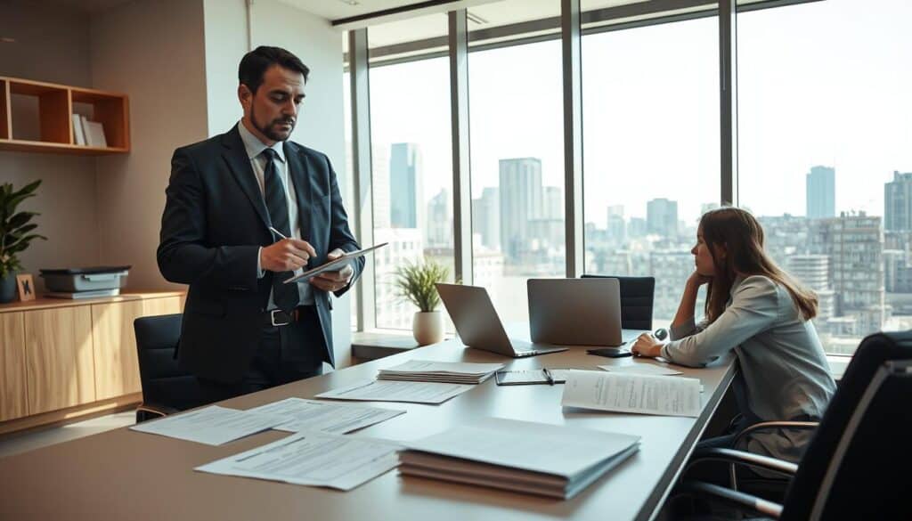 A professional insurance investigator conducting interviews about claims in a well-lit office setting. In the foreground, a focused investigator (male, wearing business attire) is taking notes while conversing with a policyholder (female, also dressed in business attire) seated at a modern desk. The middle ground features papers, a laptop, and an insurance brochure, symbolizing the complexity of insurance procedures. In the background, a large window allows natural light to illuminate the room, with city skyline views visible, creating a sense of accountability and professionalism. The atmosphere is serious and focused, highlighting the importance of thorough inspections and interviews in the insurance claim process. Use a warm yet professional color palette. A professional insurance investigator conducting interviews about claims in a well-lit office setting. In the foreground, a focused investigator (male, wearing business attire) is taking notes while conversing with a policyholder (female, also dressed in business attire) seated at a modern desk. The middle ground features papers, a laptop, and an insurance brochure, symbolizing the complexity of insurance procedures. In the background, a large window allows natural light to illuminate the room, with city skyline views visible, creating a sense of accountability and professionalism. The atmosphere is serious and focused, highlighting the importance of thorough inspections and interviews in the insurance claim process. Use a warm yet professional color palette.