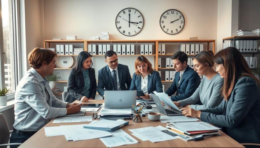 A professional insurance office scene in Germany, showcasing a modern workspace filled with insurance paperwork and documents. In the foreground, a diverse group of professionals, dressed in business attire, engage in a discussion around a table with laptops and financial reports. The middle ground features a large window allowing natural light to illuminate the room, casting soft shadows. In the background, shelves filled with neatly organized files and a large clock on the wall emphasize the importance of punctuality and efficiency in the insurance sector. The atmosphere is focused and serious, reflecting the critical nature of asset insurance processes. Use soft, warm lighting to create an inviting yet professional mood. A professional insurance office scene in Germany, showcasing a modern workspace filled with insurance paperwork and documents. In the foreground, a diverse group of professionals, dressed in business attire, engage in a discussion around a table with laptops and financial reports. The middle ground features a large window allowing natural light to illuminate the room, casting soft shadows. In the background, shelves filled with neatly organized files and a large clock on the wall emphasize the importance of punctuality and efficiency in the insurance sector. The atmosphere is focused and serious, reflecting the critical nature of asset insurance processes. Use soft, warm lighting to create an inviting yet professional mood.
