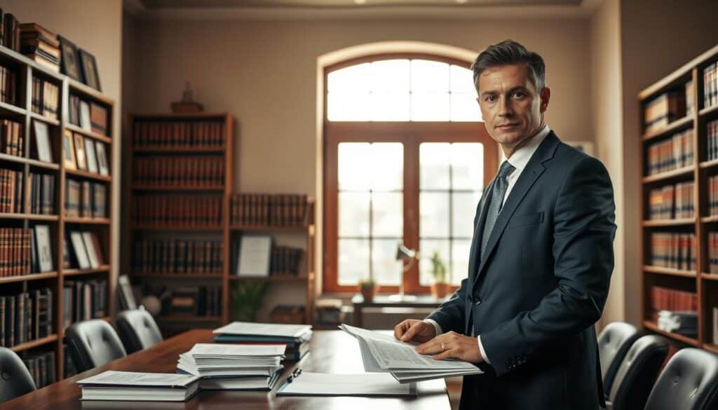 A professional lawyer stands confidently in an office environment, surrounded by legal books and documents, representing the theme of legal protection for victims. The foreground features the lawyer, wearing a smart business suit, reviewing case files on a wooden desk, conveying a sense of responsibility and diligence. In the middle ground, shelves packed with legal texts and framed certificates evoke an atmosphere of expertise and authority. The background shows a large window letting in soft, warm, natural light, casting gentle shadows and creating a welcoming ambiance. The overall mood is serious yet hopeful, symbolizing the support and advocacy available for those who have suffered injustices. A professional lawyer stands confidently in an office environment, surrounded by legal books and documents, representing the theme of legal protection for victims. The foreground features the lawyer, wearing a smart business suit, reviewing case files on a wooden desk, conveying a sense of responsibility and diligence. In the middle ground, shelves packed with legal texts and framed certificates evoke an atmosphere of expertise and authority. The background shows a large window letting in soft, warm, natural light, casting gentle shadows and creating a welcoming ambiance. The overall mood is serious yet hopeful, symbolizing the support and advocacy available for those who have suffered injustices.