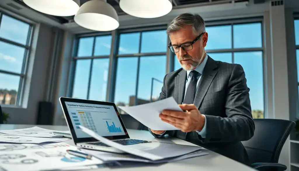 A professional motor vehicle expert conducting an assessment in an office setting, preparing a detailed valuation report. In the foreground, a focused middle-aged male expert dressed in a tailored suit, analyzing a document with a calculator in hand, surrounded by automotive schematics and valuation charts. The middle layer showcases a sleek desk cluttered with papers, a laptop displaying graph data, and a bright overhead lamp illuminating the workspace. In the background, large windows reveal a clear blue sky, adding natural light to the room. The atmosphere is serious yet professional, emphasizing the importance of precise valuation in an insurance context. The lighting is bright and evenly distributed, creating a clean and organized feel, ideal for conveying expertise and trustworthiness.