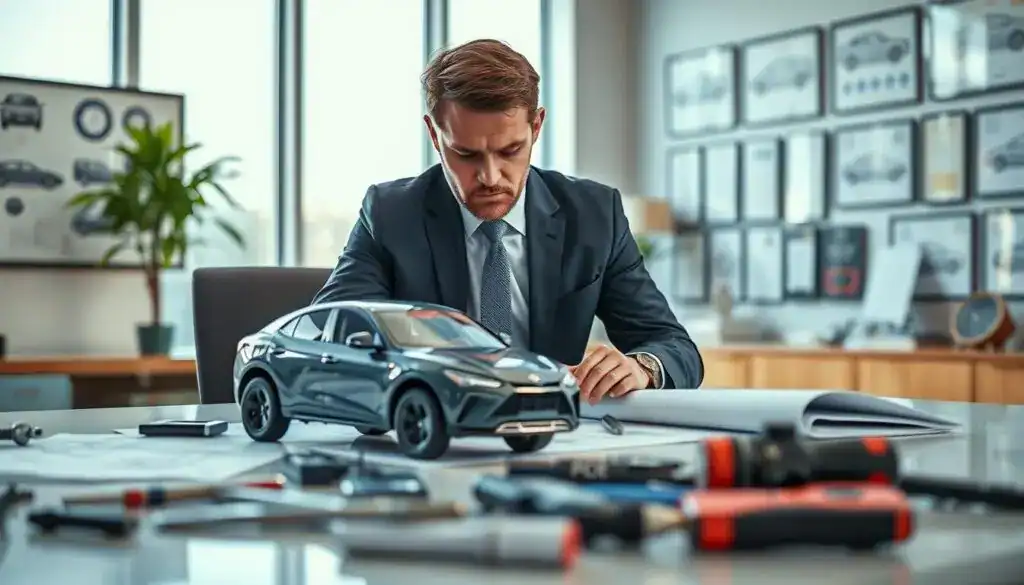 A professional motor vehicle expert, depicted in a modern office environment. The expert is wearing a tailored business suit, examining a car model on a desk with a focused expression. In the foreground, tools and blueprints lay scattered, highlighting the investigative nature of their work. The middle ground features a large window allowing natural light to flood the room, casting soft shadows and creating a warm atmosphere. The background shows a display of vehicle diagrams and award certificates, emphasizing expertise in vehicle appraisal. Use a sharp depth of field to keep the focus on the expert, capturing details like a gleaming desk and high-tech gadgets. The mood is one of professionalism and diligence, conveying trust and authority in vehicle assessments. A professional motor vehicle expert, depicted in a modern office environment. The expert is wearing a tailored business suit, examining a car model on a desk with a focused expression. In the foreground, tools and blueprints lay scattered, highlighting the investigative nature of their work. The middle ground features a large window allowing natural light to flood the room, casting soft shadows and creating a warm atmosphere. The background shows a display of vehicle diagrams and award certificates, emphasizing expertise in vehicle appraisal. Use a sharp depth of field to keep the focus on the expert, capturing details like a gleaming desk and high-tech gadgets. The mood is one of professionalism and diligence, conveying trust and authority in vehicle assessments.