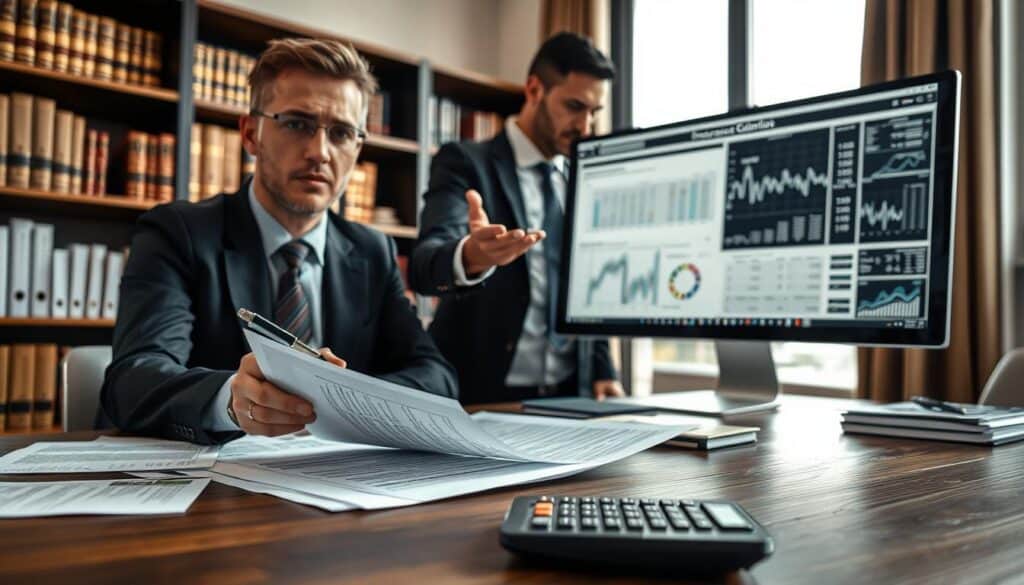 A professional office environment featuring a table with documents and a calculator, symbolizing the concept of reducing compensation claims. In the foreground, a businessperson in professional attire is reviewing a claim document with a concerned expression, holding a pen in one hand, with financial reports scattered on the table. In the middle ground, a second businessperson is gesturing towards a computer screen displaying complex data analysis related to insurance claims. The background includes shelves filled with legal books and a large window letting in soft, natural light, creating a serious yet tense atmosphere. The scene is captured from a slightly elevated angle to emphasize the document and expressions, evoking a sense of scrutiny and analysis. A professional office environment featuring a table with documents and a calculator, symbolizing the concept of reducing compensation claims. In the foreground, a businessperson in professional attire is reviewing a claim document with a concerned expression, holding a pen in one hand, with financial reports scattered on the table. In the middle ground, a second businessperson is gesturing towards a computer screen displaying complex data analysis related to insurance claims. The background includes shelves filled with legal books and a large window letting in soft, natural light, creating a serious yet tense atmosphere. The scene is captured from a slightly elevated angle to emphasize the document and expressions, evoking a sense of scrutiny and analysis.