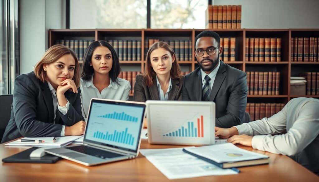 A professional office environment showcasing a legal consultation on automobile compensation claims. In the foreground, a diverse group of three professionals, dressed in business attire, are gathered around a table filled with legal documents and a laptop, displaying charts and graphs related to insurance claims. The middle ground features a large window allowing natural light to fill the room, casting soft shadows. A bookshelf filled with legal books and manuals is visible in the background, emphasizing the authoritative aspect of the discussion. The mood is serious yet collaborative, highlighting determination and focus in the pursuit of justice. The image captures a moment of inquiry, with expressions of curiosity and contemplation on the professionals' faces, reflecting the critical analysis of legal decisions in automobile compensation. A professional office environment showcasing a legal consultation on automobile compensation claims. In the foreground, a diverse group of three professionals, dressed in business attire, are gathered around a table filled with legal documents and a laptop, displaying charts and graphs related to insurance claims. The middle ground features a large window allowing natural light to fill the room, casting soft shadows. A bookshelf filled with legal books and manuals is visible in the background, emphasizing the authoritative aspect of the discussion. The mood is serious yet collaborative, highlighting determination and focus in the pursuit of justice. The image captures a moment of inquiry, with expressions of curiosity and contemplation on the professionals' faces, reflecting the critical analysis of legal decisions in automobile compensation.