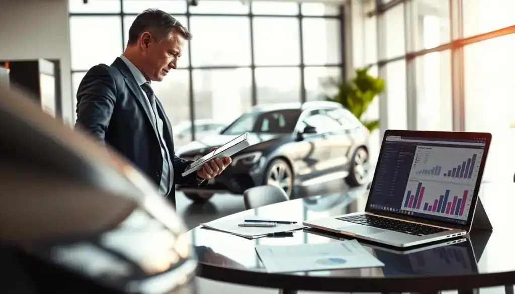 A professional office environment showcasing a vehicle valuation scene. In the foreground, a well-dressed expert in business attire evaluates a sleek, modern car, examining its details with a tablet in hand. The middle ground features an elegant conference table adorned with documents and a laptop displaying charts and graphs related to vehicle pricing. The background highlights a stylish office with large windows allowing natural light to flood the space, casting soft shadows. The mood conveys professionalism and expertise, indicating a trusted valuation process. The composition employs a focused lens angle to emphasize the expert’s intent and concentration, creating a warm, inviting atmosphere. A professional office environment showcasing a vehicle valuation scene. In the foreground, a well-dressed expert in business attire evaluates a sleek, modern car, examining its details with a tablet in hand. The middle ground features an elegant conference table adorned with documents and a laptop displaying charts and graphs related to vehicle pricing. The background highlights a stylish office with large windows allowing natural light to flood the space, casting soft shadows. The mood conveys professionalism and expertise, indicating a trusted valuation process. The composition employs a focused lens angle to emphasize the expert’s intent and concentration, creating a warm, inviting atmosphere.