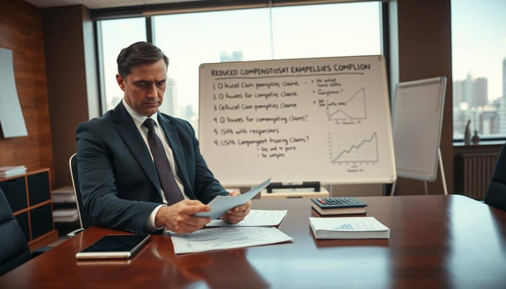 A professional office scene focused on a claims adjuster reviewing a compensation case. In the foreground, a serious-looking professional in business attire examines documents and a calculator on a polished wooden desk. The middle layer features a large window with natural light flooding the room, revealing an urban skyline. Behind the adjuster, a whiteboard displays bullet points of reduced compensation examples, with notes and graphs emphasizing the complexity of the case. The overall atmosphere is tense yet focused, capturing the weight of financial decisions and the analysis of claims. Use a warm light for a realistic ambiance, with a slight depth of field to highlight the adjuster in sharp focus against the background. A professional office scene focused on a claims adjuster reviewing a compensation case. In the foreground, a serious-looking professional in business attire examines documents and a calculator on a polished wooden desk. The middle layer features a large window with natural light flooding the room, revealing an urban skyline. Behind the adjuster, a whiteboard displays bullet points of reduced compensation examples, with notes and graphs emphasizing the complexity of the case. The overall atmosphere is tense yet focused, capturing the weight of financial decisions and the analysis of claims. Use a warm light for a realistic ambiance, with a slight depth of field to highlight the adjuster in sharp focus against the background.
