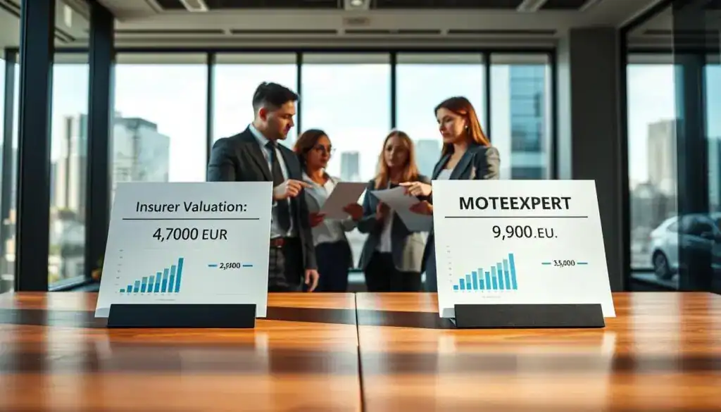 A professional office setting depicting a detailed comparison of two valuation methods. In the foreground, a sleek wooden table displays two documents labeled 'Insurer Valuation: 4,700 EUR' and 'MOTOEXPERT Valuation: 9,900 EUR' with charts and graphs, emphasizing the differences in values. In the middle ground, a diverse group of three business professionals, dressed in smart business attire, is engaged in discussion, pointing at the documents with analytical expressions. The background features a large window with natural light pouring in, casting soft shadows, and a modern cityscape visible outside, creating a sense of professionalism and focus. The atmosphere is serious and informative, perfect for an analytical article section. A professional office setting depicting a detailed comparison of two valuation methods. In the foreground, a sleek wooden table displays two documents labeled 'Insurer Valuation: 4,700 EUR' and 'MOTOEXPERT Valuation: 9,900 EUR' with charts and graphs, emphasizing the differences in values. In the middle ground, a diverse group of three business professionals, dressed in smart business attire, is engaged in discussion, pointing at the documents with analytical expressions. The background features a large window with natural light pouring in, casting soft shadows, and a modern cityscape visible outside, creating a sense of professionalism and focus. The atmosphere is serious and informative, perfect for an analytical article section.