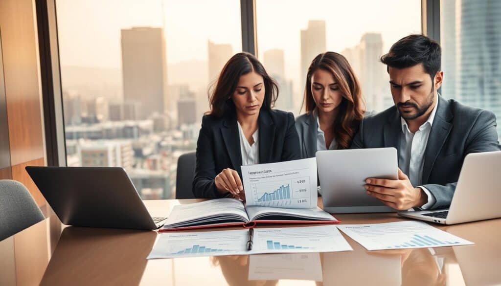 A professional office setting depicting a serious discussion about insurance claims. In the foreground, a diverse group of professionals—two women and a man—are seated around a polished conference table, dressed in smart business attire, looking intently at documents and laptops. The middle area features open folders displaying graphs and statistics related to insurance regulations. The background includes a large window revealing a city skyline bathed in soft morning light, creating a contrast between the bustling outside world and the focused atmosphere inside. The overall mood conveys a blend of urgency and professionalism, emphasizing the weight of regulatory compliance in the insurance industry. The lighting is warm and inviting, with a slight focus on the faces of the individuals to highlight their expressions of concern and determination. A professional office setting depicting a serious discussion about insurance claims. In the foreground, a diverse group of professionals—two women and a man—are seated around a polished conference table, dressed in smart business attire, looking intently at documents and laptops. The middle area features open folders displaying graphs and statistics related to insurance regulations. The background includes a large window revealing a city skyline bathed in soft morning light, creating a contrast between the bustling outside world and the focused atmosphere inside. The overall mood conveys a blend of urgency and professionalism, emphasizing the weight of regulatory compliance in the insurance industry. The lighting is warm and inviting, with a slight focus on the faces of the individuals to highlight their expressions of concern and determination.