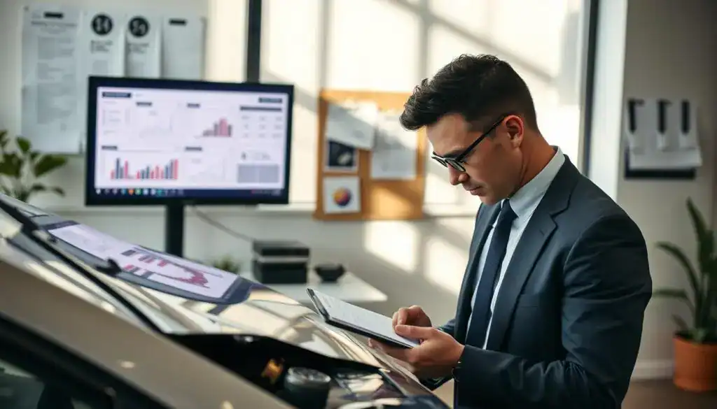 A professional office setting depicting the process of damage valuation. In the foreground, a focused insurance adjuster in a business suit examines a damaged vehicle, taking notes on a clipboard. In the middle ground, a computer screen displays valuation calculations with charts and graphs. The background features a modern office with large windows letting in soft natural light, casting gentle shadows. A wall-mounted display showcases various insurance documents and policy information. The atmosphere is serious yet collaborative, illustrating a meticulous approach to assessing damage. The image should be captured with a slightly elevated angle, emphasizing both the adjuster’s concentration and the surrounding environment, evoking a sense of professionalism and thoroughness in valuation processes.