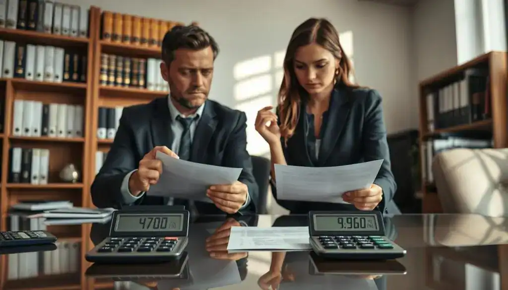 A professional office setting depicting two businesspeople engaged in a discussion over a document representing damage assessment figures. In the foreground, focus on a clear table with two calculators, one displaying 4,700 EUR and the other 9,900 EUR, symbolizing the contrasting appraisals. In the middle, a man in a suit and a woman in a smart blouse thoughtfully comparing the documents, their expressions serious but collaborative. The background features an office environment with bookshelves filled with legal documents and a window casting natural light, emphasizing a balanced atmosphere of professionalism and concern. The lighting should be soft yet adequate to highlight the focus on the document and the expressions of the individuals. The overall mood should convey a sense of negotiation and resolution.