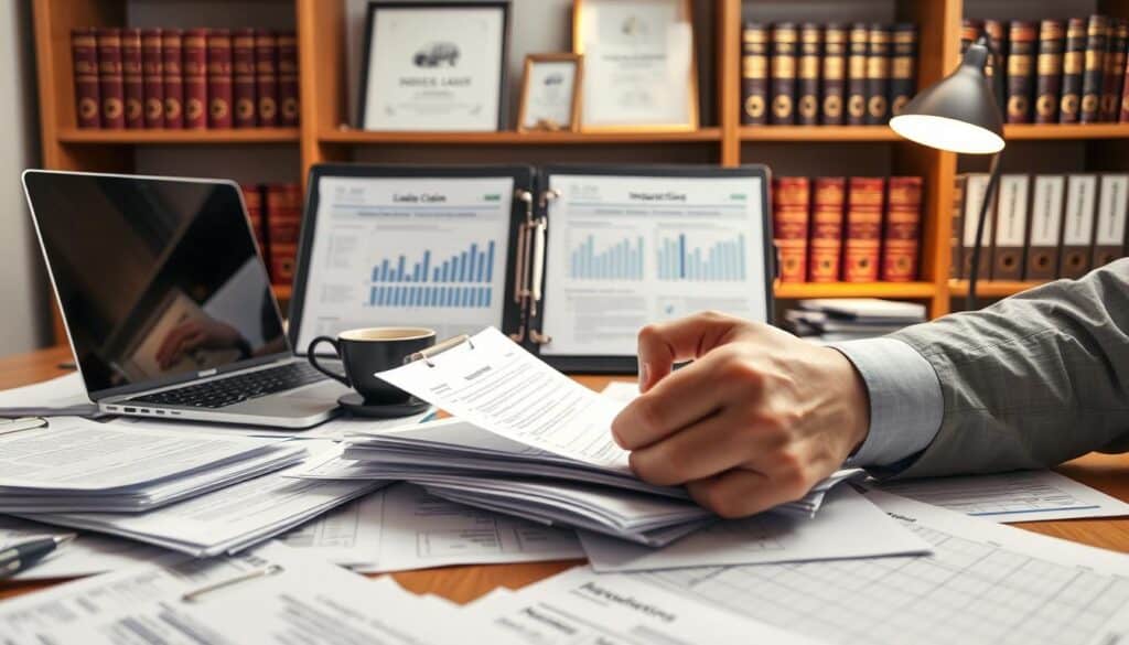 A professional office setting focused on the theme of documentation in insurance claims. In the foreground, a well-organized desk littered with various documents, claim forms, and a laptop displaying spreadsheets. A person's hand, dressed in formal business attire, is meticulously reviewing papers. In the middle, a document holder with visible charts and graphs illustrating claim processes, alongside a cup of coffee. The background features shelves filled with legal books and framed certificates, creating an atmosphere of professionalism and diligence. Soft, warm lighting from a desk lamp casts a gentle glow, enhancing a focused and serious mood. The focus is sharp, reflecting the importance of thorough documentation in claims processing.