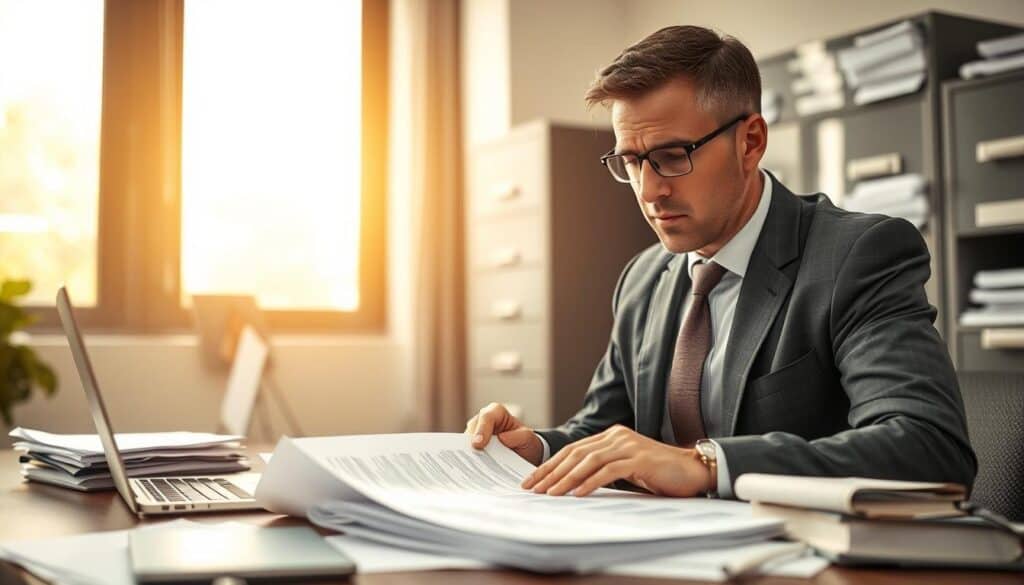 A professional office setting illustrating a dispute over insurance compensation. In the foreground, a focused insurance adjuster, dressed in formal business attire, examines a detailed damage report on a desk covered with documents and a laptop. The middle features a large window with soft natural light streaming in, casting a warm glow over the scene. In the background, blurred outlines of filing cabinets filled with paperwork and legal texts suggest a busy office environment. The mood is tense yet professional, as the adjuster's expression shows concentration and determination. Use a shallow depth of field to emphasize the adjuster while keeping the background slightly out of focus. The composition should convey an air of seriousness and the complexities involved in damage assessments. A professional office setting illustrating a dispute over insurance compensation. In the foreground, a focused insurance adjuster, dressed in formal business attire, examines a detailed damage report on a desk covered with documents and a laptop. The middle features a large window with soft natural light streaming in, casting a warm glow over the scene. In the background, blurred outlines of filing cabinets filled with paperwork and legal texts suggest a busy office environment. The mood is tense yet professional, as the adjuster's expression shows concentration and determination. Use a shallow depth of field to emphasize the adjuster while keeping the background slightly out of focus. The composition should convey an air of seriousness and the complexities involved in damage assessments.