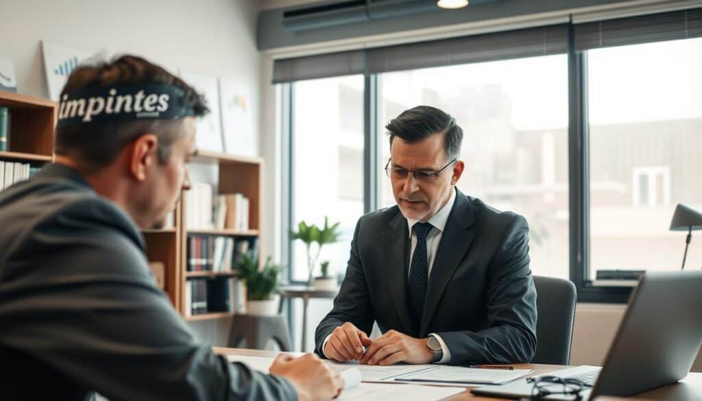 A professional office setting illustrating the interaction between an insurance adjuster and a client discussing compensation. In the foreground, focus on a well-dressed insurance adjuster, a middle-aged person with short black hair, examining documents on a desk. The client, a younger individual in smart casual attire, appears concerned, looking at the adjuster intently. The middle ground features a large window with natural light streaming in, illuminating a modern office with subtle decor that implies a financial theme, such as charts and insurance pamphlets. In the background, shelves filled with books on insurance and legal matters convey a sense of authority. The mood is serious yet hopeful, emphasizing the importance of understanding compensation factors. Use soft, natural lighting to enhance the professional atmosphere. A professional office setting illustrating the interaction between an insurance adjuster and a client discussing compensation. In the foreground, focus on a well-dressed insurance adjuster, a middle-aged person with short black hair, examining documents on a desk. The client, a younger individual in smart casual attire, appears concerned, looking at the adjuster intently. The middle ground features a large window with natural light streaming in, illuminating a modern office with subtle decor that implies a financial theme, such as charts and insurance pamphlets. In the background, shelves filled with books on insurance and legal matters convey a sense of authority. The mood is serious yet hopeful, emphasizing the importance of understanding compensation factors. Use soft, natural lighting to enhance the professional atmosphere.
