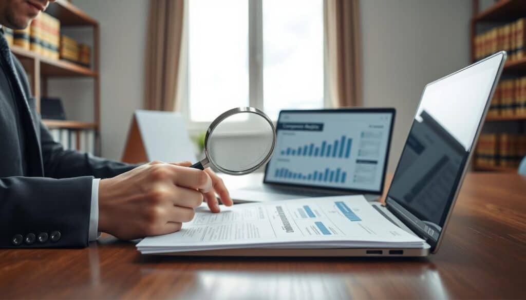A professional office setting where an insurance adjuster, dressed in business attire, examines a detailed report at a sleek wooden desk. In the foreground, show a close-up of the adjuster's hands holding a magnifying glass over a document labeled "Compensation Analysis." In the middle region, a laptop displays graphs and charts illustrating a reduction in compensation claims. The background features shelves with legal books and a window revealing a cloudy sky, suggesting a serious and contemplative atmosphere. Soft, natural lighting filters through the window, creating a professional yet slightly somber mood. The overall image conveys a sense of analysis and decision-making in the insurance industry. A professional office setting where an insurance adjuster, dressed in business attire, examines a detailed report at a sleek wooden desk. In the foreground, show a close-up of the adjuster's hands holding a magnifying glass over a document labeled "Compensation Analysis." In the middle region, a laptop displays graphs and charts illustrating a reduction in compensation claims. The background features shelves with legal books and a window revealing a cloudy sky, suggesting a serious and contemplative atmosphere. Soft, natural lighting filters through the window, creating a professional yet slightly somber mood. The overall image conveys a sense of analysis and decision-making in the insurance industry.