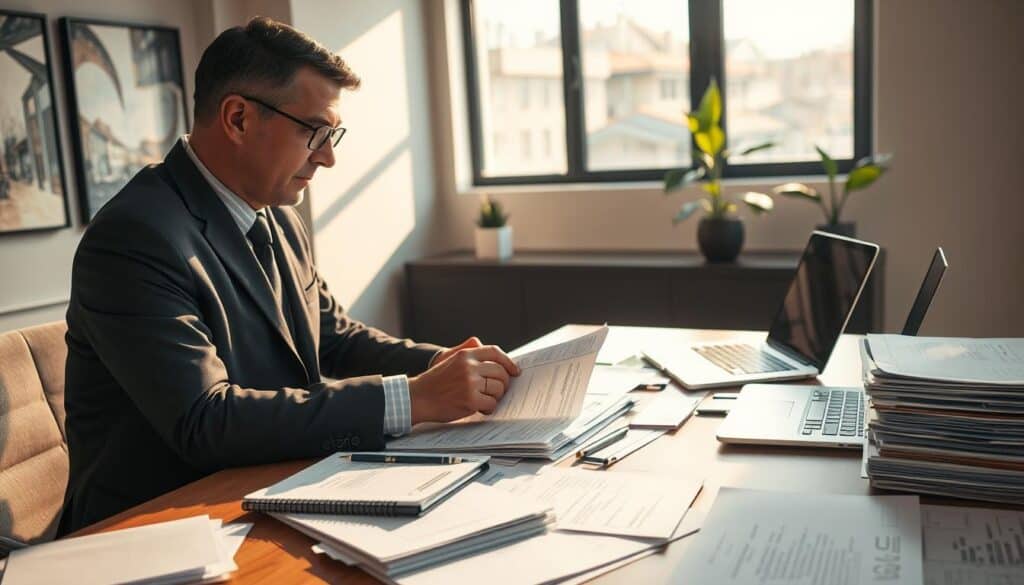 A professional office setting where an insurance adjuster is analyzing an extensive stack of paperwork related to damage claims. In the foreground, a focused middle-aged man, dressed in business attire, reviews documents on a well-organized desk, illuminated by warm, natural light coming in from a large window. The middle section features a cluttered table with a laptop, a notepad filled with notes, and several files indicating various claims and incidents. The background shows a modern office with walls adorned with abstract art, soft shadows creating a calm atmosphere. A small plant on the windowsill adds a touch of green. The overall mood is serious and analytical, emphasizing the meticulous nature of claims adjustment work. A professional office setting where an insurance adjuster is analyzing an extensive stack of paperwork related to damage claims. In the foreground, a focused middle-aged man, dressed in business attire, reviews documents on a well-organized desk, illuminated by warm, natural light coming in from a large window. The middle section features a cluttered table with a laptop, a notepad filled with notes, and several files indicating various claims and incidents. The background shows a modern office with walls adorned with abstract art, soft shadows creating a calm atmosphere. A small plant on the windowsill adds a touch of green. The overall mood is serious and analytical, emphasizing the meticulous nature of claims adjustment work.