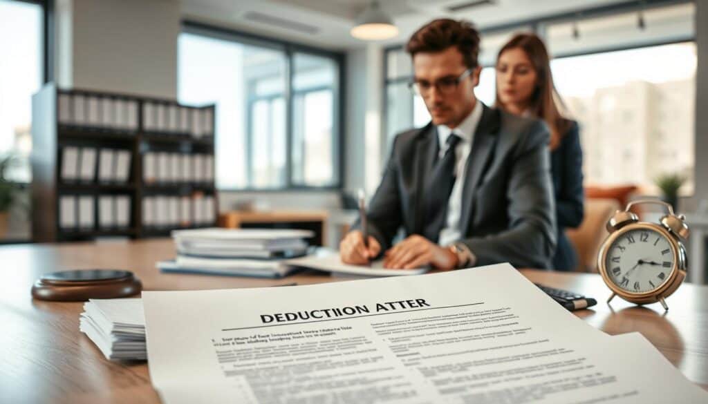 A professional office setting with a focus on a stack of insurance documents and a rejection letter prominently displayed in the foreground. Surrounding the documents are subtle symbols representing disputes—such as a gavel, a calculator, and a clock—for context. In the middle ground, a serious-looking insurance agent in professional attire is discussing a case with a concerned client, visible expressions of uncertainty on their faces. The background features a blurred corporate office with shelves of insurance policy books, adding to the professional atmosphere. Soft, natural lighting filters through large windows, casting gentle shadows, creating a tense yet informative mood, symbolizing the complexities and frustrations associated with denied insurance claims. A professional office setting with a focus on a stack of insurance documents and a rejection letter prominently displayed in the foreground. Surrounding the documents are subtle symbols representing disputes—such as a gavel, a calculator, and a clock—for context. In the middle ground, a serious-looking insurance agent in professional attire is discussing a case with a concerned client, visible expressions of uncertainty on their faces. The background features a blurred corporate office with shelves of insurance policy books, adding to the professional atmosphere. Soft, natural lighting filters through large windows, casting gentle shadows, creating a tense yet informative mood, symbolizing the complexities and frustrations associated with denied insurance claims.