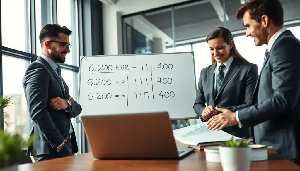 A professional office setting with a focus on car insurance valuation. In the foreground, a diverse group of three business professionals—two men and one woman—are engaged in a discussion over a laptop, displaying charts and graphs related to insurance valuations. They are dressed in smart business attire, conveying a sense of professionalism and expertise. In the middle, a large whiteboard features written calculations and the contrasting figures of "6,200 EUR" and "11,400 EUR." The background showcases a modern office with large windows allowing soft, natural daylight to illuminate the scene. The atmosphere is focused and analytical, suggesting a serious discussion about insurance pricing comparisons. Lens angle is slightly elevated to capture both the group and the whiteboard effectively. A professional office setting with a focus on car insurance valuation. In the foreground, a diverse group of three business professionals—two men and one woman—are engaged in a discussion over a laptop, displaying charts and graphs related to insurance valuations. They are dressed in smart business attire, conveying a sense of professionalism and expertise. In the middle, a large whiteboard features written calculations and the contrasting figures of "6,200 EUR" and "11,400 EUR." The background showcases a modern office with large windows allowing soft, natural daylight to illuminate the scene. The atmosphere is focused and analytical, suggesting a serious discussion about insurance pricing comparisons. Lens angle is slightly elevated to capture both the group and the whiteboard effectively.