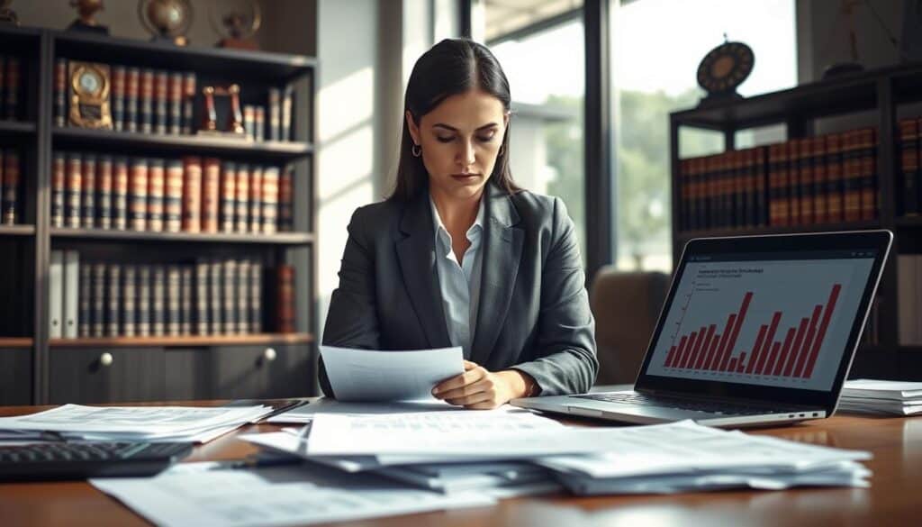 A professional office setting with a focus on financial documents and analysis. In the foreground, a neatly organized desk with stacks of paperwork, a calculator, and a laptop displaying charts related to claim denials in insurance. In the middle ground, a well-dressed businesswoman, deeply focused, reviews the documents with a furrowed brow, symbolizing the complexities of insurance claims. Soft natural light streams through a large window, casting gentle shadows, creating a serious yet contemplative mood. The background features shelves filled with legal books and awards, emphasizing expertise and authority. The overall atmosphere conveys determination, analysis, and the weight of financial decisions. A professional office setting with a focus on financial documents and analysis. In the foreground, a neatly organized desk with stacks of paperwork, a calculator, and a laptop displaying charts related to claim denials in insurance. In the middle ground, a well-dressed businesswoman, deeply focused, reviews the documents with a furrowed brow, symbolizing the complexities of insurance claims. Soft natural light streams through a large window, casting gentle shadows, creating a serious yet contemplative mood. The background features shelves filled with legal books and awards, emphasizing expertise and authority. The overall atmosphere conveys determination, analysis, and the weight of financial decisions.