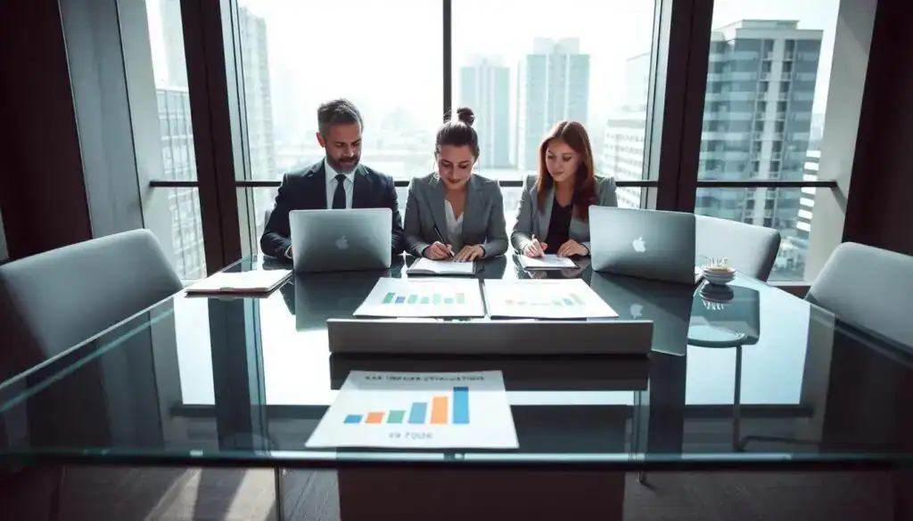 A professional office setting with a sleek glass table at the center, set against a backdrop of large windows revealing a cityscape. Foreground features a diverse group of three insurance agents—one man in a tailored suit, one woman in a smart blazer, and another individual in a professional casual outfit—discussing car insurance evaluation details from laptops and documents. In the middle, there are graphs and charts on the table illustrating different insurance valuations (4,700 EUR vs 9,900 EUR), capturing a sense of focus and collaboration. Soft, natural light filters in through the windows, casting gentle shadows, while the scene conveys a serious yet optimistic mood as they analyze the impact of valuation results on insurance decisions. The camera angle is slightly above eye level, providing a comprehensive view of the interaction. A professional office setting with a sleek glass table at the center, set against a backdrop of large windows revealing a cityscape. Foreground features a diverse group of three insurance agents—one man in a tailored suit, one woman in a smart blazer, and another individual in a professional casual outfit—discussing car insurance evaluation details from laptops and documents. In the middle, there are graphs and charts on the table illustrating different insurance valuations (4,700 EUR vs 9,900 EUR), capturing a sense of focus and collaboration. Soft, natural light filters in through the windows, casting gentle shadows, while the scene conveys a serious yet optimistic mood as they analyze the impact of valuation results on insurance decisions. The camera angle is slightly above eye level, providing a comprehensive view of the interaction.