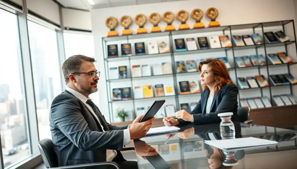 A professional setting depicting an insurance consultation scene focused on automotive insurance. In the foreground, a confident insurance agent in business attire sits at a desk, reviewing a digital tablet with a client, also dressed in professional attire, who appears engaged and attentive. The middle ground features a sleek, modern office environment with a large window allowing natural light to illuminate the space, highlighting a cityscape outside. In the background, shelves filled with insurance brochures and awards convey credibility and trust. The mood is collaborative and informative, emphasizing the importance of making informed decisions about vehicle insurance. The angle is slightly elevated, capturing both the interaction and the professional atmosphere, with a soft focus on the city skyline beyond the window. A professional setting depicting an insurance consultation scene focused on automotive insurance. In the foreground, a confident insurance agent in business attire sits at a desk, reviewing a digital tablet with a client, also dressed in professional attire, who appears engaged and attentive. The middle ground features a sleek, modern office environment with a large window allowing natural light to illuminate the space, highlighting a cityscape outside. In the background, shelves filled with insurance brochures and awards convey credibility and trust. The mood is collaborative and informative, emphasizing the importance of making informed decisions about vehicle insurance. The angle is slightly elevated, capturing both the interaction and the professional atmosphere, with a soft focus on the city skyline beyond the window.