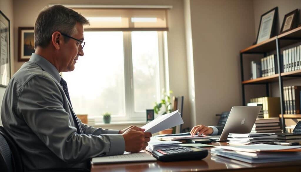 A professional setting illustrating the "claim settlement process" in insurance. In the foreground, a middle-aged insurance adjuster, dressed in business attire, reviews documents at a desk cluttered with claim files, a laptop, and a calculator, conveying diligence and attention to detail. The middle ground features a large window letting in natural light, casting soft shadows across the room. Background elements include framed certificates on a wall and shelves filled with insurance policy books, emphasizing the office environment. The overall mood is serious yet hopeful, illustrating the importance of transparency and thoroughness in insurance practices. The image captures a detailed, realistic view with a focus on clear lighting and a slightly elevated camera angle for depth. A professional setting illustrating the "claim settlement process" in insurance. In the foreground, a middle-aged insurance adjuster, dressed in business attire, reviews documents at a desk cluttered with claim files, a laptop, and a calculator, conveying diligence and attention to detail. The middle ground features a large window letting in natural light, casting soft shadows across the room. Background elements include framed certificates on a wall and shelves filled with insurance policy books, emphasizing the office environment. The overall mood is serious yet hopeful, illustrating the importance of transparency and thoroughness in insurance practices. The image captures a detailed, realistic view with a focus on clear lighting and a slightly elevated camera angle for depth.