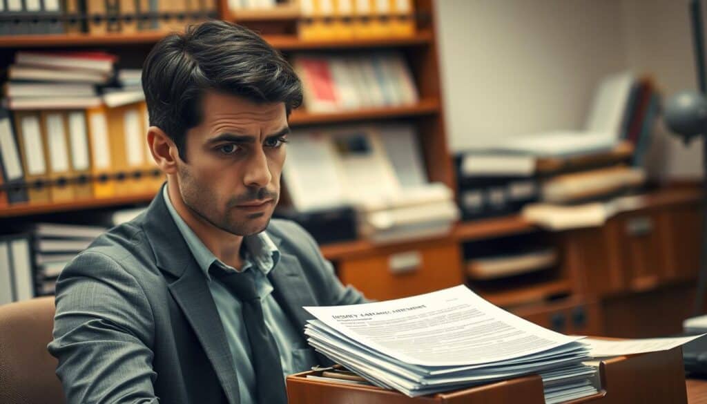 A professional setting illustrating the concept of insurance claim denial. In the foreground, a concerned individual in business attire, sitting at a desk, analyzing a stack of documents. The middle ground shows a partially open file cabinet filled with various papers, including policy agreements and denial letters, emphasizing the bureaucratic aspect. In the background, a blurred image of an office environment with shelves filled with insurance-related books and files, creating an atmosphere of tension and frustration. The lighting is warm but highlights the documents, adding to the serious mood of the scene. The image is captured with a slight overhead angle, focusing on the individual's expression and the paperwork, reflecting the theme of "key documents in the claims process." A professional setting illustrating the concept of insurance claim denial. In the foreground, a concerned individual in business attire, sitting at a desk, analyzing a stack of documents. The middle ground shows a partially open file cabinet filled with various papers, including policy agreements and denial letters, emphasizing the bureaucratic aspect. In the background, a blurred image of an office environment with shelves filled with insurance-related books and files, creating an atmosphere of tension and frustration. The lighting is warm but highlights the documents, adding to the serious mood of the scene. The image is captured with a slight overhead angle, focusing on the individual's expression and the paperwork, reflecting the theme of "key documents in the claims process."