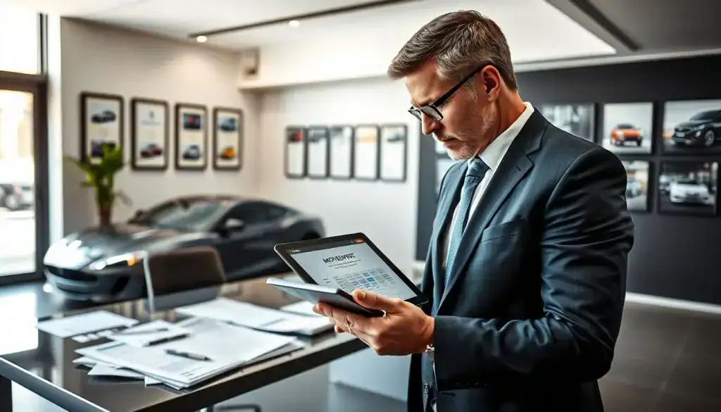 A professional setting showcasing a meticulous automotive valuation process. In the foreground, a focused automotive expert in a tailored business suit, reviewing documents and a tablet displaying data about "MOTOEXPERT 12 000 EUR." The middle ground features a sleek, contemporary office environment with a large window illuminating the space with natural light, highlighting a modern desk cluttered with valuation reports and automotive charts. In the background, a wall adorned with framed automotive certifications and images of vehicles, reinforcing the theme of expertise. The overall atmosphere is one of professionalism and precision, embodying trust and accuracy in vehicle valuation, with a clear, well-composed shot from a slightly elevated angle to capture all elements effectively. A professional setting showcasing a meticulous automotive valuation process. In the foreground, a focused automotive expert in a tailored business suit, reviewing documents and a tablet displaying data about "MOTOEXPERT 12 000 EUR." The middle ground features a sleek, contemporary office environment with a large window illuminating the space with natural light, highlighting a modern desk cluttered with valuation reports and automotive charts. In the background, a wall adorned with framed automotive certifications and images of vehicles, reinforcing the theme of expertise. The overall atmosphere is one of professionalism and precision, embodying trust and accuracy in vehicle valuation, with a clear, well-composed shot from a slightly elevated angle to capture all elements effectively.