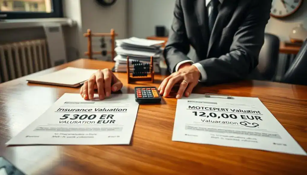A professional setting showcasing two distinct valuation reports on a polished wooden desk, one labeled "Insurance Valuation: 5,300 EUR" and the other "MOTOEXPERT Valuation: 12,000 EUR." In the foreground, a pair of hands carefully examines the reports, wearing business attire. In the middle, an abacus and calculator hint at the analytical process of damage assessment. The background features a softly lit office with a stack of documents and a wall-mounted clock indicating time-sensitive decision-making. Natural light filters through a window, creating a warm and focused atmosphere, emphasizing the contrast between the low and high valuations. The mood is serious and contemplative, reflecting the importance of accurate damage estimation in claims processing. A professional setting showcasing two distinct valuation reports on a polished wooden desk, one labeled "Insurance Valuation: 5,300 EUR" and the other "MOTOEXPERT Valuation: 12,000 EUR." In the foreground, a pair of hands carefully examines the reports, wearing business attire. In the middle, an abacus and calculator hint at the analytical process of damage assessment. The background features a softly lit office with a stack of documents and a wall-mounted clock indicating time-sensitive decision-making. Natural light filters through a window, creating a warm and focused atmosphere, emphasizing the contrast between the low and high valuations. The mood is serious and contemplative, reflecting the importance of accurate damage estimation in claims processing.