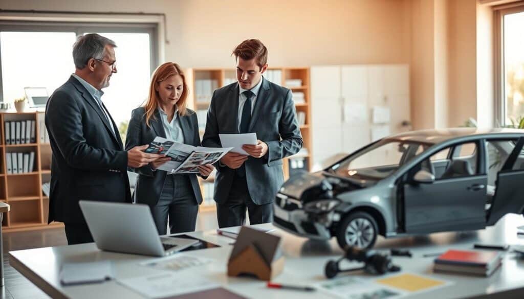 A professional team of insurance adjusters examining damage to a car in a well-lit office setting. In the foreground, two experts in business attire, one male and one female, are discussing the assessment of a claim while reviewing documents and images of the vehicle on a tablet. The middle ground features a large desk cluttered with paperwork, a laptop, and a model of the car. The background shows shelves filled with reference books and a large window letting in soft, natural light, casting a warm glow across the room. The atmosphere is focused and analytical, emphasizing professionalism and collaboration in the claims adjustment process. The camera angle is slightly above eye level, capturing the interaction between the experts and their workspace. A professional team of insurance adjusters examining damage to a car in a well-lit office setting. In the foreground, two experts in business attire, one male and one female, are discussing the assessment of a claim while reviewing documents and images of the vehicle on a tablet. The middle ground features a large desk cluttered with paperwork, a laptop, and a model of the car. The background shows shelves filled with reference books and a large window letting in soft, natural light, casting a warm glow across the room. The atmosphere is focused and analytical, emphasizing professionalism and collaboration in the claims adjustment process. The camera angle is slightly above eye level, capturing the interaction between the experts and their workspace.