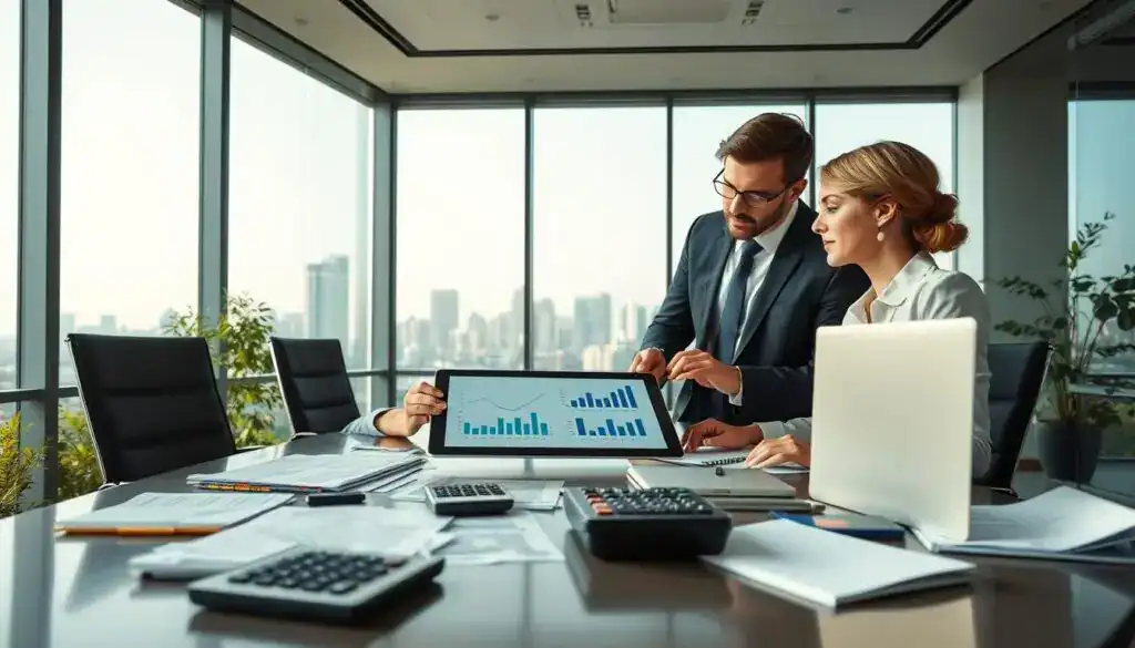 A serene office environment depicting the future of insurance valuation, with a professional male and female insurance analyst in smart business attire, engaged in a discussion over a digital tablet displaying graphs and figures. The foreground features a sleek desk cluttered with spreadsheets, calculators, and a laptop. In the middle, large windows allow soft, natural light to illuminate the scene, while showcasing a city skyline in the background. The atmosphere is one of optimism and innovation, hinting at the evolving landscape of the insurance industry. A modern conference room setting, with subtle greenery visible outside, enhances the sense of professionalism and forward-thinking. The composition should be balanced, focusing on the analysts while maintaining a clear view of the analytical tools they are using. A serene office environment depicting the future of insurance valuation, with a professional male and female insurance analyst in smart business attire, engaged in a discussion over a digital tablet displaying graphs and figures. The foreground features a sleek desk cluttered with spreadsheets, calculators, and a laptop. In the middle, large windows allow soft, natural light to illuminate the scene, while showcasing a city skyline in the background. The atmosphere is one of optimism and innovation, hinting at the evolving landscape of the insurance industry. A modern conference room setting, with subtle greenery visible outside, enhances the sense of professionalism and forward-thinking. The composition should be balanced, focusing on the analysts while maintaining a clear view of the analytical tools they are using.