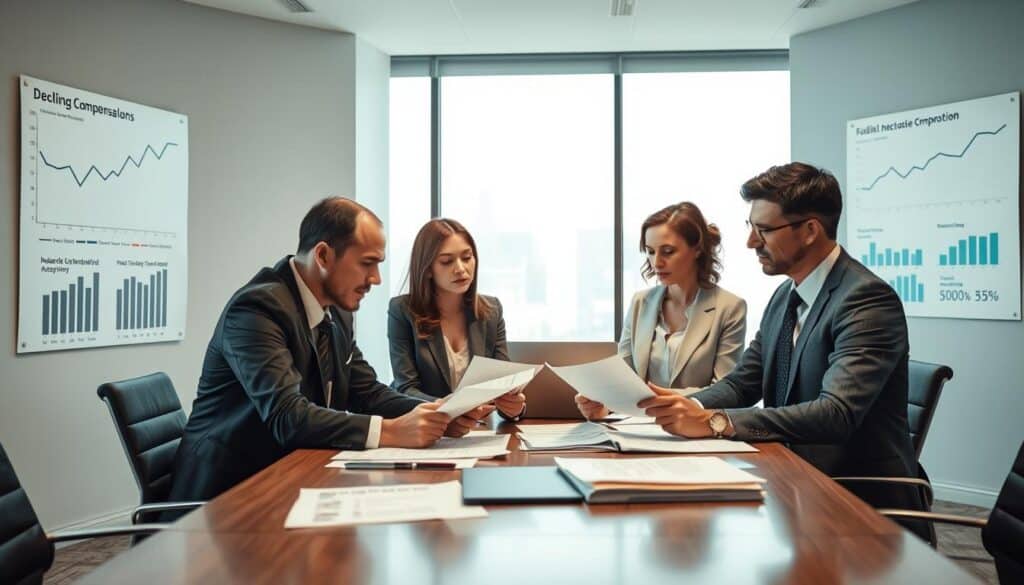 A sleek office environment showcasing a group of three business professionals engaged in a serious discussion around a conference table, with charts depicting declining compensation figures and insurance statistics on the walls. The foreground features a focused male and female figure in professional attire analyzing documents. In the middle, the table has various reports and a laptop, hinting at the complexities of insurance claims. The background should have large windows letting in soft, natural light, creating a somber yet determined atmosphere. The overall mood conveys professionalism, scrutiny, and the critical nature of insurance negotiations, emphasizing the theme of reduced compensation in the insurance industry. A sleek office environment showcasing a group of three business professionals engaged in a serious discussion around a conference table, with charts depicting declining compensation figures and insurance statistics on the walls. The foreground features a focused male and female figure in professional attire analyzing documents. In the middle, the table has various reports and a laptop, hinting at the complexities of insurance claims. The background should have large windows letting in soft, natural light, creating a somber yet determined atmosphere. The overall mood conveys professionalism, scrutiny, and the critical nature of insurance negotiations, emphasizing the theme of reduced compensation in the insurance industry.