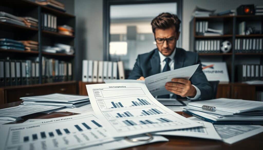 A somber office environment focusing on a professional setting where a financial advisor reviews documents. In the foreground, a table cluttered with paperwork featuring graphs and charts symbolizing low compensation offers. The middle ground shows the advisor, dressed in a crisp suit, scrutinizing a claim form with a concerned expression, reflecting the tension of denied claims. In the background, shelves filled with files and insurance brochures create a sense of a busy, analytical atmosphere. The lighting is soft yet focused, highlighting the documents, with a slight overcast window casting a muted glow. The overall mood conveys frustration and scrutiny regarding the mechanisms of reducing compensation amounts in insurance claims. A somber office environment focusing on a professional setting where a financial advisor reviews documents. In the foreground, a table cluttered with paperwork featuring graphs and charts symbolizing low compensation offers. The middle ground shows the advisor, dressed in a crisp suit, scrutinizing a claim form with a concerned expression, reflecting the tension of denied claims. In the background, shelves filled with files and insurance brochures create a sense of a busy, analytical atmosphere. The lighting is soft yet focused, highlighting the documents, with a slight overcast window casting a muted glow. The overall mood conveys frustration and scrutiny regarding the mechanisms of reducing compensation amounts in insurance claims.