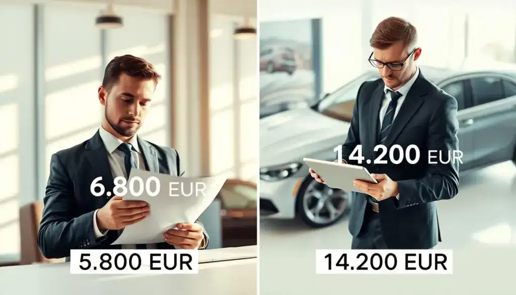 A split-screen comparison illustration featuring two contrasting scenes representing insurance valuations. On the left, a professional business environment showcasing the figure "6,800 EUR" with a confident businessperson in formal attire analyzing documents. The lighting is warm and inviting, casting soft shadows that create a professional atmosphere. On the right, an automotive setting highlighting the figure "14,200 EUR," depicting another businessperson in business casual, engaged in reviewing an automobile valuation on a digital tablet. The background shows modern cars, emphasizing the automotive industry. Soft focus on the background elements to keep the focus on the comparison. The overall mood is serious yet insightful, encouraging a sense of informed decision-making. A split-screen comparison illustration featuring two contrasting scenes representing insurance valuations. On the left, a professional business environment showcasing the figure "6,800 EUR" with a confident businessperson in formal attire analyzing documents. The lighting is warm and inviting, casting soft shadows that create a professional atmosphere. On the right, an automotive setting highlighting the figure "14,200 EUR," depicting another businessperson in business casual, engaged in reviewing an automobile valuation on a digital tablet. The background shows modern cars, emphasizing the automotive industry. Soft focus on the background elements to keep the focus on the comparison. The overall mood is serious yet insightful, encouraging a sense of informed decision-making.