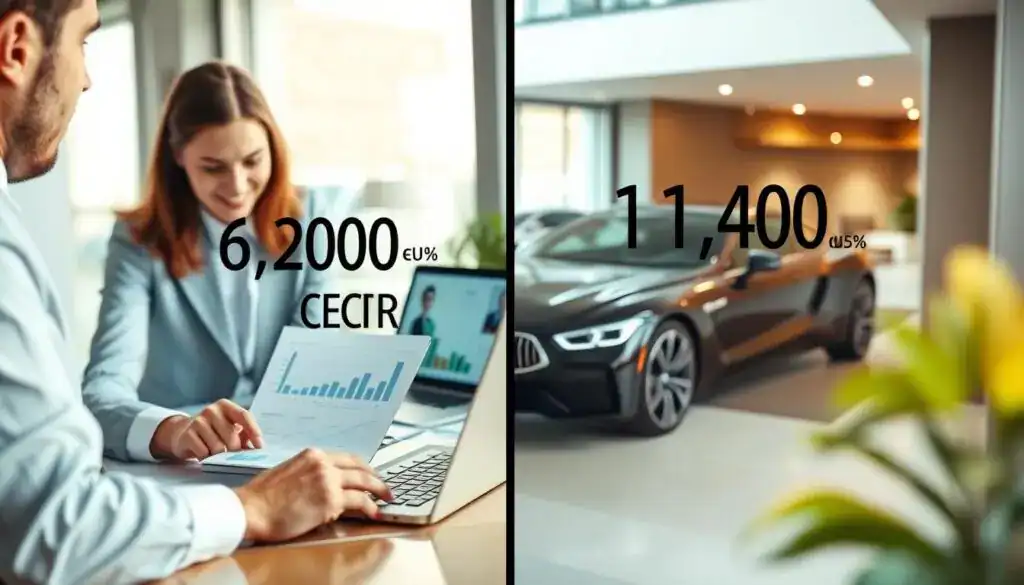 A split-screen composition depicting a comparison of two car insurance cost scenarios. On the left, visually represent a car insurance quote of 6,200 EUR, featuring a clean, modern office environment with a calculator, charts, and a laptop displaying relevant financial data. On the right, show a higher quote of 11,400 EUR, illustrated in a contrasting, more luxurious setting with an elegant car and upscale décor. The foreground includes a professional, business-attired individual analyzing documents. The middle ground focuses on visual elements like insurance documents and graphics. The background should feature soft, natural lighting to create an informative and engaging atmosphere. Use a shallow depth of field to emphasize the contrasting elements of cost comparison effectively. A split-screen composition depicting a comparison of two car insurance cost scenarios. On the left, visually represent a car insurance quote of 6,200 EUR, featuring a clean, modern office environment with a calculator, charts, and a laptop displaying relevant financial data. On the right, show a higher quote of 11,400 EUR, illustrated in a contrasting, more luxurious setting with an elegant car and upscale décor. The foreground includes a professional, business-attired individual analyzing documents. The middle ground focuses on visual elements like insurance documents and graphics. The background should feature soft, natural lighting to create an informative and engaging atmosphere. Use a shallow depth of field to emphasize the contrasting elements of cost comparison effectively.