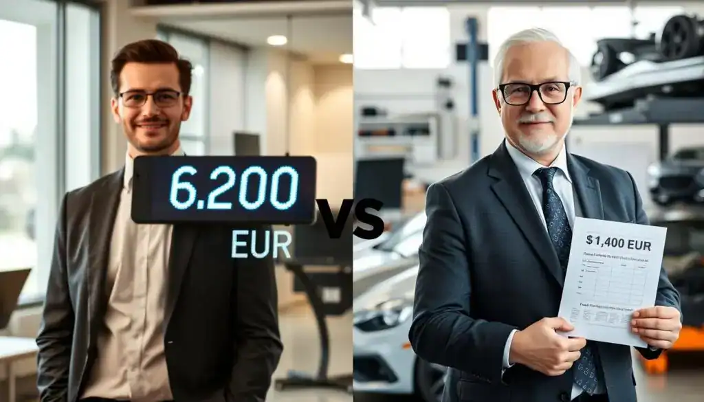 A split-screen image comparing two insurance valuations, featuring two distinct yet cohesive scenes. On the left, a professional insurance agent in business attire stands next to a digital display showing "6,200 EUR," set against a modern office backdrop with soft lighting that conveys professionalism. On the right, a confident vehicle appraisal expert in a suit and glasses is surrounded by car models and valuation charts, highlighting "11,400 EUR." The background is an organized workspace with technical equipment. The setting is illuminated with bright, natural light, creating a clear distinction between the two valuations. The overall mood is analytical and serious, encouraging viewers to ponder the decision of which valuation to trust. A split-screen image comparing two insurance valuations, featuring two distinct yet cohesive scenes. On the left, a professional insurance agent in business attire stands next to a digital display showing "6,200 EUR," set against a modern office backdrop with soft lighting that conveys professionalism. On the right, a confident vehicle appraisal expert in a suit and glasses is surrounded by car models and valuation charts, highlighting "11,400 EUR." The background is an organized workspace with technical equipment. The setting is illuminated with bright, natural light, creating a clear distinction between the two valuations. The overall mood is analytical and serious, encouraging viewers to ponder the decision of which valuation to trust.