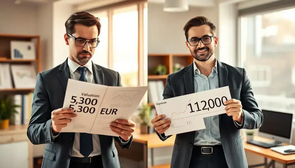A split-screen image depicting a detailed comparison of insurance valuations by an insurer and an expert appraiser. On the left, illustrate a professional office environment with a serious-looking insurance analyst dressed in business attire, studying a document displaying the valuation of 5,300 EUR. On the right, show a confident appraiser in smart casual attire, presenting a graph or chart that indicates a valuation of 12,000 EUR. Use warm, natural lighting to create an inviting atmosphere, with a slight focus on the facial expressions to convey professionalism and determination. The background should feature elements like charts and reports subtly arranged to enhance the business context without overpowering the subjects. The overall mood should be one of analysis and comparison, emphasizing decision-making in financial valuations. A split-screen image depicting a detailed comparison of insurance valuations by an insurer and an expert appraiser. On the left, illustrate a professional office environment with a serious-looking insurance analyst dressed in business attire, studying a document displaying the valuation of 5,300 EUR. On the right, show a confident appraiser in smart casual attire, presenting a graph or chart that indicates a valuation of 12,000 EUR. Use warm, natural lighting to create an inviting atmosphere, with a slight focus on the facial expressions to convey professionalism and determination. The background should feature elements like charts and reports subtly arranged to enhance the business context without overpowering the subjects. The overall mood should be one of analysis and comparison, emphasizing decision-making in financial valuations.
