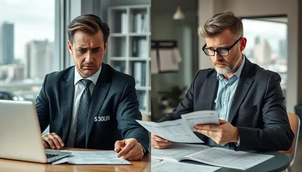 A split-screen image illustrating the concept of insurance pricing issues. On the left, a professional setting with a concerned insurance adjuster in formal attire, looking at a laptop displaying conflicting price data (5,300 EUR) against a backdrop of a modern office with paperwork and a calculator visible. On the right, a contrasting image of a car expert in casual, professional attire analyzing a different pricing scenario (12,000 EUR), surrounded by automotive diagrams and charts. Soft, natural lighting illuminates both scenes, creating a serious yet analytical atmosphere. The background hints at a cityscape through a window, suggesting higher stakes and complexities in the insurance evaluation process. Focus on facial expressions to convey frustration and contemplation regarding valuation discrepancies. A split-screen image illustrating the concept of insurance pricing issues. On the left, a professional setting with a concerned insurance adjuster in formal attire, looking at a laptop displaying conflicting price data (5,300 EUR) against a backdrop of a modern office with paperwork and a calculator visible. On the right, a contrasting image of a car expert in casual, professional attire analyzing a different pricing scenario (12,000 EUR), surrounded by automotive diagrams and charts. Soft, natural lighting illuminates both scenes, creating a serious yet analytical atmosphere. The background hints at a cityscape through a window, suggesting higher stakes and complexities in the insurance evaluation process. Focus on facial expressions to convey frustration and contemplation regarding valuation discrepancies.