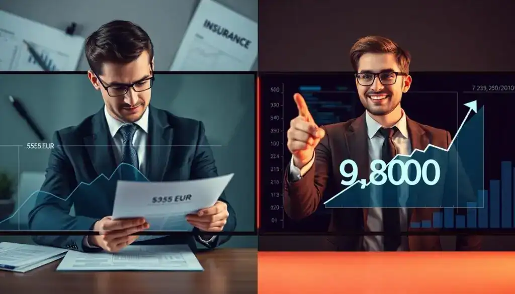 A split-screen image representing the influence of valuation on compensation in insurance claims. On the left, a graph showcasing the lower valuation of 5,555 EUR, with elements like a business professional in a suit examining the report with a concerned expression, surrounded by muted colors to convey seriousness. On the right, a contrasting display featuring a higher valuation of 9,800 EUR, depicting a confident business person smiling and pointing at a rising graph, illuminated by warm lighting to suggest optimism. The background includes abstract representations of insurance documents and financial data in both halves, creating a harmonious balance while emphasizing the impact of valuation. The overall mood shifts from tense to uplifting, symbolizing the variations in compensation based on different valuations.