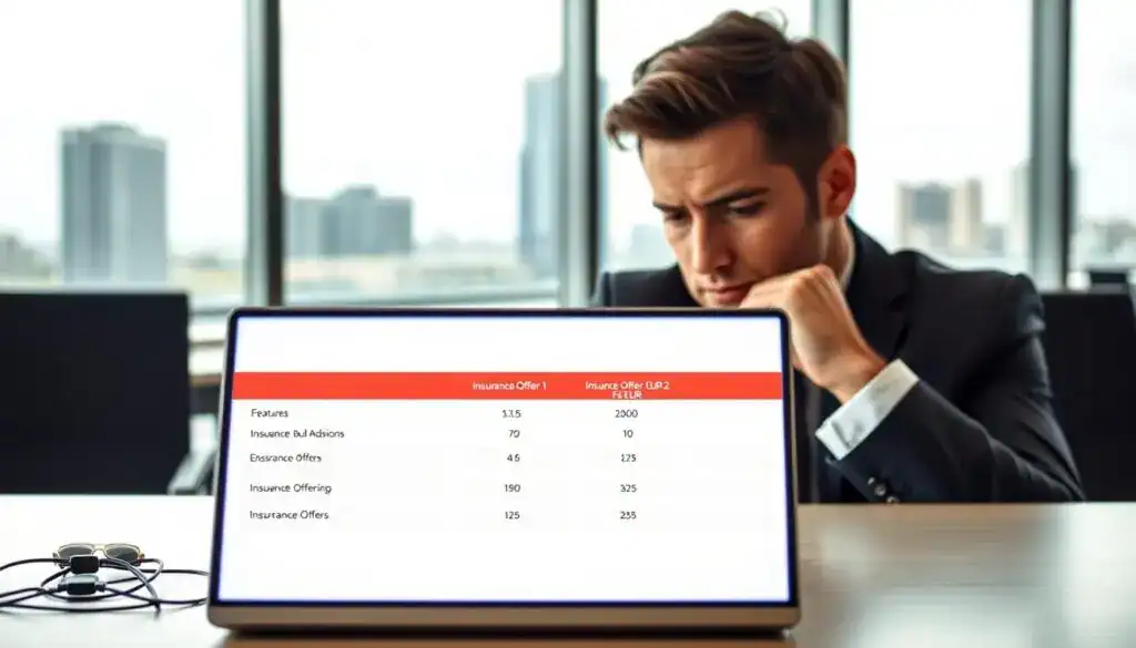 A visually engaging comparison of insurance offers displayed on a modern digital interface. In the foreground, a sleek laptop with a bright screen shows two distinct columns labeled "Insurance Offer 1: 5,900 EUR" and "Insurance Offer 2: 11,800 EUR," highlighting key features and price differences. In the background, a stylish office environment with large windows reveals a city skyline, letting in natural light, creating a professional atmosphere. Include a focused, thoughtful businessperson in professional attire analyzing the comparison on the laptop, reflecting determination and careful consideration. Use soft lighting to enhance the seriousness of the subject while maintaining clarity of the details on the screen. The overall mood should convey professionalism, methodical assessment, and informed decision-making. A visually engaging comparison of insurance offers displayed on a modern digital interface. In the foreground, a sleek laptop with a bright screen shows two distinct columns labeled "Insurance Offer 1: 5,900 EUR" and "Insurance Offer 2: 11,800 EUR," highlighting key features and price differences. In the background, a stylish office environment with large windows reveals a city skyline, letting in natural light, creating a professional atmosphere. Include a focused, thoughtful businessperson in professional attire analyzing the comparison on the laptop, reflecting determination and careful consideration. Use soft lighting to enhance the seriousness of the subject while maintaining clarity of the details on the screen. The overall mood should convey professionalism, methodical assessment, and informed decision-making.