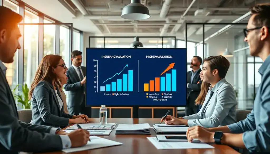 A visually engaging office setting where a professional business meeting is taking place. In the foreground, a diverse group of professionals in smart business attire are discussing financial charts and documents that highlight the benefits of higher valuation, represented by upward arrows and bar graphs showing growth. The middle layer features a large, clear screen displaying a comparison of insurance valuations side by side, with MOTOEXPERT's higher valuation prominently highlighted. In the background, modern office decor, including large windows with natural daylight streaming in, creating a warm and optimistic atmosphere. The focus should be on collaboration and the advantages of investing in higher valuation. The camera angle is slightly elevated, capturing the entire scene in a balanced composition.