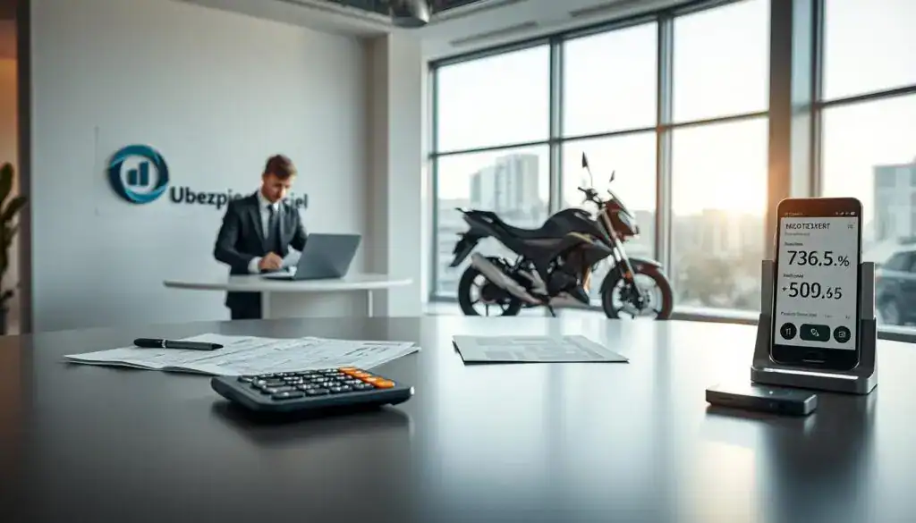 A visually striking image depicting a comparison between two valuation approaches: "Ubezpieczyciel" and "MOTOEXPERT." In the foreground, a sleek, modern table with professional business documents and a calculator, symbolizing analytical evaluation. To the left, a bright and well-organized office space showcasing a logo or emblem for "Ubezpieczyciel" with a financial expert in professional attire, intently analyzing data. To the right, a contrasting area highlighting "MOTOEXPERT" with a motorcycle and a mobile device displaying valuation figures. The background should hint at a subtle urban setting through large windows, allowing soft, natural light to illuminate the scene, evoking a sense of professionalism and clarity. The overall mood should be serious yet engaging, focusing on informed decision-making. A visually striking image depicting a comparison between two valuation approaches: "Ubezpieczyciel" and "MOTOEXPERT." In the foreground, a sleek, modern table with professional business documents and a calculator, symbolizing analytical evaluation. To the left, a bright and well-organized office space showcasing a logo or emblem for "Ubezpieczyciel" with a financial expert in professional attire, intently analyzing data. To the right, a contrasting area highlighting "MOTOEXPERT" with a motorcycle and a mobile device displaying valuation figures. The background should hint at a subtle urban setting through large windows, allowing soft, natural light to illuminate the scene, evoking a sense of professionalism and clarity. The overall mood should be serious yet engaging, focusing on informed decision-making.