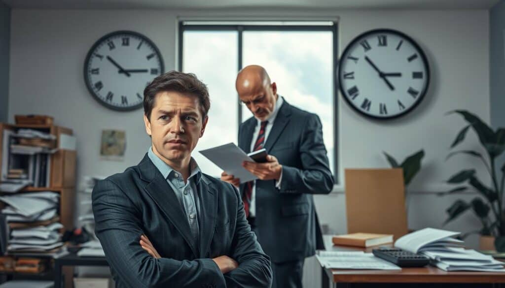 A visually striking image depicting the concept of "underpayment of compensation" in an insurance context. In the foreground, a concerned individual, dressed in professional business attire, is engaged in a conversation with a stern insurance agent, who is reviewing documents. The middle layer features a cluttered office setting with paperwork and a calculator, symbolizing the complexity of claims processing. In the background, a large wall clock and a window showing a cloudy sky create an atmosphere of tension and uncertainty. Soft, diffused lighting casts shadows that evoke a sense of seriousness. The image should convey an air of professionalism and frustration, highlighting the challenges faced by claimants in navigating the insurance landscape. A visually striking image depicting the concept of "underpayment of compensation" in an insurance context. In the foreground, a concerned individual, dressed in professional business attire, is engaged in a conversation with a stern insurance agent, who is reviewing documents. The middle layer features a cluttered office setting with paperwork and a calculator, symbolizing the complexity of claims processing. In the background, a large wall clock and a window showing a cloudy sky create an atmosphere of tension and uncertainty. Soft, diffused lighting casts shadows that evoke a sense of seriousness. The image should convey an air of professionalism and frustration, highlighting the challenges faced by claimants in navigating the insurance landscape.