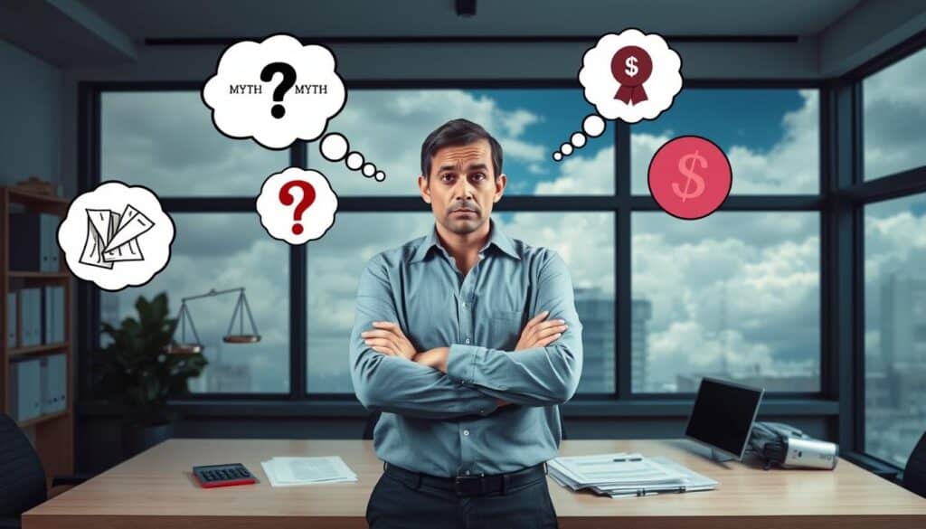 A visually striking representation of the myths surrounding insurance claims denials. In the foreground, a concerned individual in professional attire stands with crossed arms, looking puzzled, surrounded by thought bubbles containing symbols of common myths (like a broken scale, a question mark, and dollar signs). The middle layer features an office desk with papers, a calculator, and an overturned claim form, emphasizing the confusion related to claim processes. In the background, a large window reveals a cloudy sky, symbolizing uncertainty. The overall lighting is soft and slightly dim, creating a serious, contemplative mood, with a focus on the individual’s facial expression to evoke empathy and curiosity about the topic. A visually striking representation of the myths surrounding insurance claims denials. In the foreground, a concerned individual in professional attire stands with crossed arms, looking puzzled, surrounded by thought bubbles containing symbols of common myths (like a broken scale, a question mark, and dollar signs). The middle layer features an office desk with papers, a calculator, and an overturned claim form, emphasizing the confusion related to claim processes. In the background, a large window reveals a cloudy sky, symbolizing uncertainty. The overall lighting is soft and slightly dim, creating a serious, contemplative mood, with a focus on the individual’s facial expression to evoke empathy and curiosity about the topic.