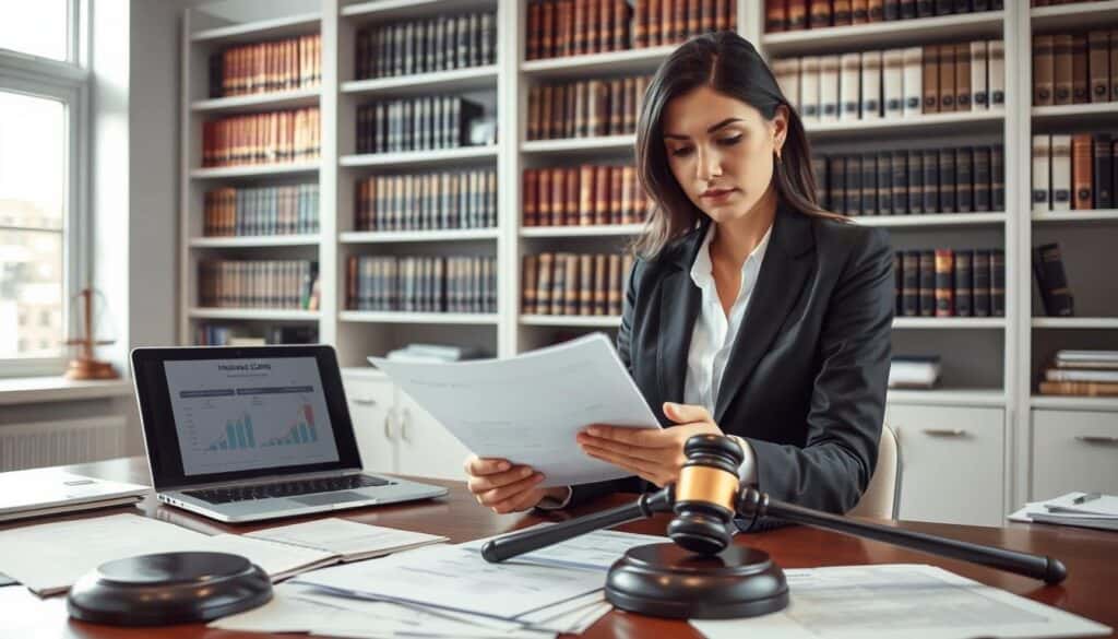 A well-organized office setting with a focus on legal documentation related to insurance claims. In the foreground, a professional woman in business attire is examining a stack of documents, her expression reflecting determination and concern. In the middle, a desk is scattered with papers, a laptop displaying charts about insurance policies, and a gavel resting nearby to signify legal matters. The background features bookshelves filled with law books, and a large window allowing natural light to pour in, creating a calm and serious atmosphere. The angle is slightly above eye level, capturing the depth of the office while ensuring the subject is the focal point. The lighting is soft yet focused, enhancing the professional mood.