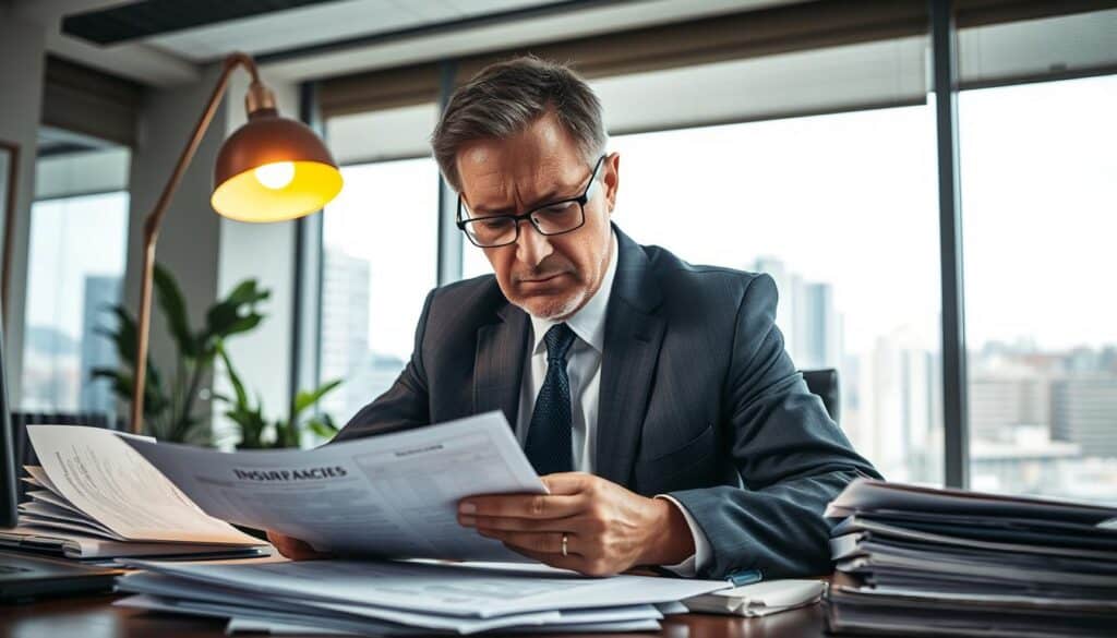 An experienced insurance adjuster, depicted in a professional business suit, analyzing documents on a desk scattered with insurance policies and claims files. The foreground features a close-up of the adjuster, a middle-aged man with glasses, frowning thoughtfully while reviewing a claim, illuminated by a warm desk lamp. In the middle ground, a large window reveals a bustling cityscape outside, symbolizing the dynamic environment of the insurance industry. Soft, natural light filters in, creating a contrast between the indoor professionalism and the outdoor activity. The atmosphere is tense yet focused, reflecting the seriousness of making decisions that impact clients’ lives. The overall composition conveys a sense of diligence and responsibility in the world of insurance claims. An experienced insurance adjuster, depicted in a professional business suit, analyzing documents on a desk scattered with insurance policies and claims files. The foreground features a close-up of the adjuster, a middle-aged man with glasses, frowning thoughtfully while reviewing a claim, illuminated by a warm desk lamp. In the middle ground, a large window reveals a bustling cityscape outside, symbolizing the dynamic environment of the insurance industry. Soft, natural light filters in, creating a contrast between the indoor professionalism and the outdoor activity. The atmosphere is tense yet focused, reflecting the seriousness of making decisions that impact clients’ lives. The overall composition conveys a sense of diligence and responsibility in the world of insurance claims.