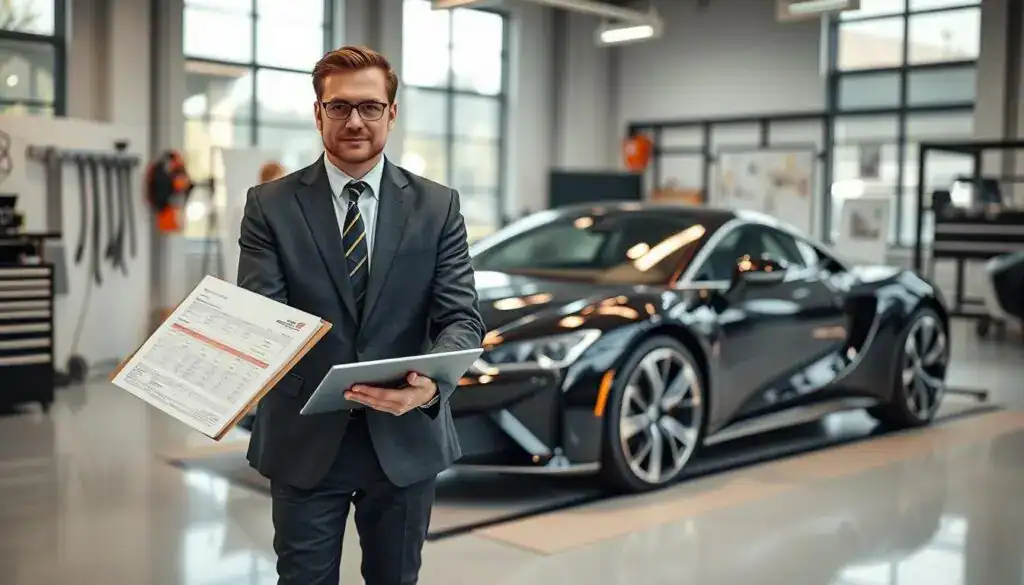 An expert automotive appraiser, dressed in professional business attire, stands confidently beside a sleek, modern car undergoing evaluation. The foreground features a clipboard in his hand, filled with data, and a digital tablet displaying detailed analysis. In the middle ground, the car is prominently highlighted, showcasing its gleaming finish and intricate design. The background includes an office environment with tools and equipment that emphasize precision and expertise. Soft, diffused lighting flows through large windows, creating a bright and inviting atmosphere. The angle captures both the appraiser's focused expression and the elegance of the vehicle, reflecting professionalism and trust in the valuation process. An expert automotive appraiser, dressed in professional business attire, stands confidently beside a sleek, modern car undergoing evaluation. The foreground features a clipboard in his hand, filled with data, and a digital tablet displaying detailed analysis. In the middle ground, the car is prominently highlighted, showcasing its gleaming finish and intricate design. The background includes an office environment with tools and equipment that emphasize precision and expertise. Soft, diffused lighting flows through large windows, creating a bright and inviting atmosphere. The angle captures both the appraiser's focused expression and the elegance of the vehicle, reflecting professionalism and trust in the valuation process.