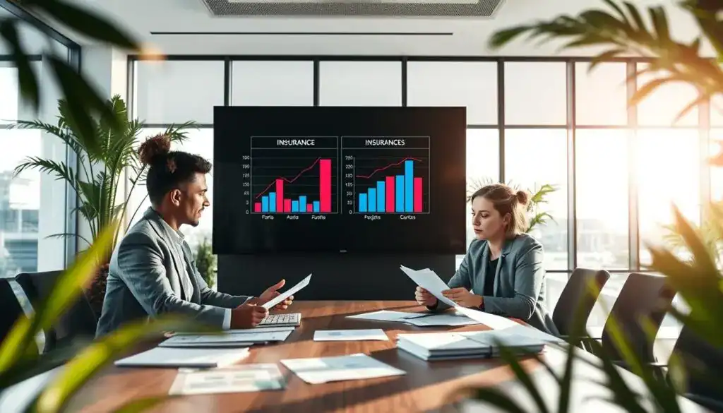 An office scene depicting a professional discussion about auto insurance claims. In the foreground, a diverse group of three people in business attire is seated around a conference table, examining charts and documents related to insurance values. In the middle, a large digital screen displays graphs comparing two insurance quotes, creating a focal point for their conversation. The background features a modern office environment with floor-to-ceiling windows, allowing natural light to fill the space, enhancing the business atmosphere. Soft shadows from indoor plants create a welcoming yet serious tone. The overall mood conveys professionalism, collaboration, and the urgency of understanding insurance options for clients seeking compensation. An office scene depicting a professional discussion about auto insurance claims. In the foreground, a diverse group of three people in business attire is seated around a conference table, examining charts and documents related to insurance values. In the middle, a large digital screen displays graphs comparing two insurance quotes, creating a focal point for their conversation. The background features a modern office environment with floor-to-ceiling windows, allowing natural light to fill the space, enhancing the business atmosphere. Soft shadows from indoor plants create a welcoming yet serious tone. The overall mood conveys professionalism, collaboration, and the urgency of understanding insurance options for clients seeking compensation.