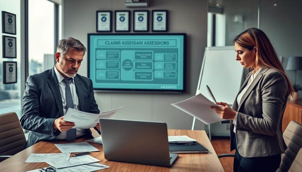 In a professional office environment, a team of qualified insurance assessors is engaged in a detailed discussion about a damage claim. In the foreground, one assessor, a middle-aged man in a smart suit, is examining a damage report with a focused look, while another assessor, an attentive woman in business attire, takes notes on a laptop. The middle layer features a conference table scattered with documents, a laptop, and a digital projector displaying an outline of the claims assessment process. In the background, a wall adorned with framed certifications and a window overlooking a cityscape, bathed in natural light that creates a warm and inviting atmosphere. The image conveys seriousness and professionalism, emphasizing the crucial role of assessors in the claims process. In a professional office environment, a team of qualified insurance assessors is engaged in a detailed discussion about a damage claim. In the foreground, one assessor, a middle-aged man in a smart suit, is examining a damage report with a focused look, while another assessor, an attentive woman in business attire, takes notes on a laptop. The middle layer features a conference table scattered with documents, a laptop, and a digital projector displaying an outline of the claims assessment process. In the background, a wall adorned with framed certifications and a window overlooking a cityscape, bathed in natural light that creates a warm and inviting atmosphere. The image conveys seriousness and professionalism, emphasizing the crucial role of assessors in the claims process.