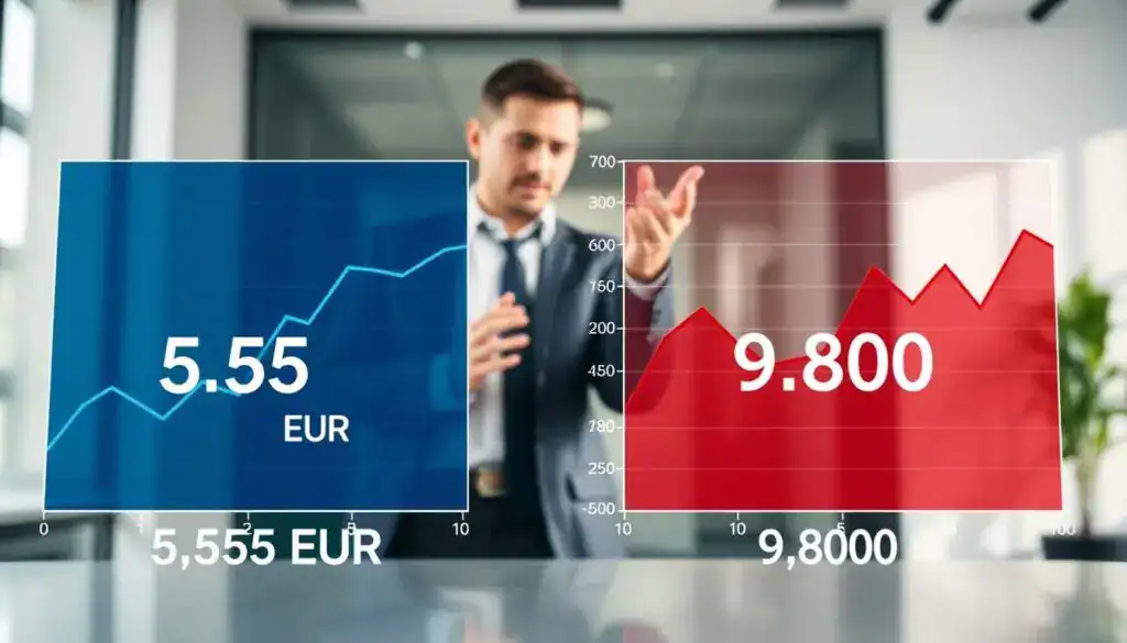 A detailed comparison image illustrating the differences in insurance valuations, featuring two distinct graphs side by side. In the foreground, the graph representing "5,555 EUR" displays a sleek blue line with subtle data points, while the graph for "9,800 EUR" showcases a bold red line with more pronounced peaks. In the middle ground, a professional individual in business attire is analyzing the graphs, gesturing towards the discrepancies. The background includes a modern office setting with soft, natural lighting that creates a calm, focused atmosphere. The camera angle is slightly tilted to emphasize the contrast between the two valuations. The overall mood is analytical and professional, highlighting the significance of valuation differences. A detailed comparison image illustrating the differences in insurance valuations, featuring two distinct graphs side by side. In the foreground, the graph representing "5,555 EUR" displays a sleek blue line with subtle data points, while the graph for "9,800 EUR" showcases a bold red line with more pronounced peaks. In the middle ground, a professional individual in business attire is analyzing the graphs, gesturing towards the discrepancies. The background includes a modern office setting with soft, natural lighting that creates a calm, focused atmosphere. The camera angle is slightly tilted to emphasize the contrast between the two valuations. The overall mood is analytical and professional, highlighting the significance of valuation differences.