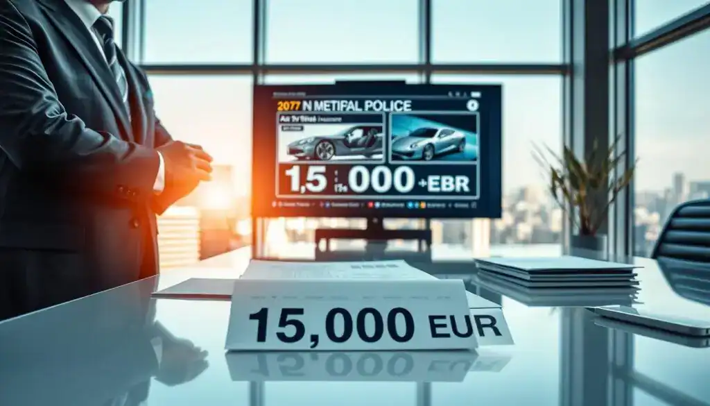 A detailed depiction of an insurance office scene, focused on the concept of motor vehicle insurance evaluation. In the foreground, a confident insurance agent in a sharp business suit is reviewing documents on a sleek modern desk, showcasing the key figures: 15,000 EUR. The middle layer reveals a digital screen displaying automotive graphics and policy details, creating a sense of high-tech professionalism. The background features a large window with city views, illuminated by natural light, emphasizing a clear, bright atmosphere. The mood is serious yet optimistic, reflecting diligence and trust in professional insurance services. The composition is captured at a slight angle, enhancing depth, and ensuring a clean, polished look with no text or extra elements. A detailed depiction of an insurance office scene, focused on the concept of motor vehicle insurance evaluation. In the foreground, a confident insurance agent in a sharp business suit is reviewing documents on a sleek modern desk, showcasing the key figures: 15,000 EUR. The middle layer reveals a digital screen displaying automotive graphics and policy details, creating a sense of high-tech professionalism. The background features a large window with city views, illuminated by natural light, emphasizing a clear, bright atmosphere. The mood is serious yet optimistic, reflecting diligence and trust in professional insurance services. The composition is captured at a slight angle, enhancing depth, and ensuring a clean, polished look with no text or extra elements.